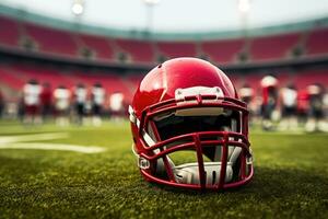 Amerikaans Amerikaans voetbal helm Aan de veld, Amerikaans Amerikaans voetbal stadion achtergrond. Amerikaans Amerikaans voetbal en helm Aan de veld, ai gegenereerd foto