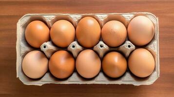 ai gegenereerd top visie van rauw bruin kip eieren in ei karton doos. foto