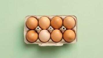 ai gegenereerd top visie van rauw bruin kip eieren in ei karton doos. foto