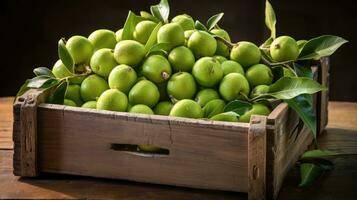 ai gegenereerd vers biologisch fruit geoogst van de plantage en geplaatst in een rustiek doos. foto