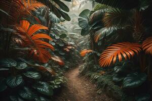 een traject in tropisch regenwoud met palm bomen en pad in de de nevel. ai generatief foto