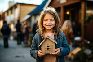 dakloos meisje Holding een karton huis foto