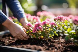 een vrouw aanplant bloemen in een tuin symboliseert groei en vernieuwing na haar borst kanker behandeling leeg ruimte voor tekst foto
