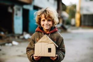 dakloos meisje Holding een karton huis foto