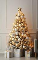 prachtig versierd Kerstmis boom met veel presenteert onder het. gemaakt met generatief al technologie foto