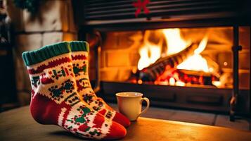 mok met heet thee staand Aan een tafel met wollen deken in een knus leven kamer met haard. knus winter dag. gemaakt met generatief al technologie foto