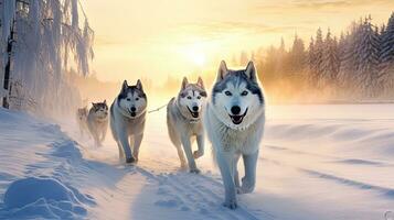 slee hond Siberisch schor is het rijden een slee door een winter met sneeuw bedekt Woud gemaakt met generatief al technologie foto