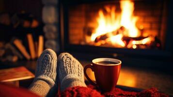 mok met heet thee staand Aan een tafel met wollen deken in een knus leven kamer met haard. knus winter dag. gemaakt met generatief al technologie foto