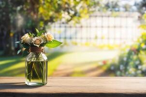 botanisch tuin natuur bloemen in een glas fles Aan hout tafel met zonneschijn achtergrond, ai generatief foto