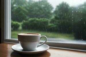 realistisch foto dichtbij omhoog van een koffie kop De volgende naar glas venster, regen buiten, generatief ai