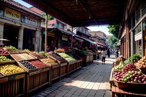 realistisch foto van marktplaats gevulde met exotisch fruit, ai generatief