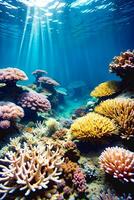 geheim oceaan onderwater- wereld krioelt met kleurrijk koraal riffen foto