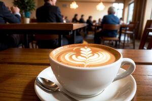 realistisch foto van een koffie kop Aan hout tafel in een koffie winkel met knus atmosfeer