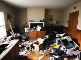 fotograaf van een rommelig leven ruimte gevulde met uitschot puin gebroken meubilair foto