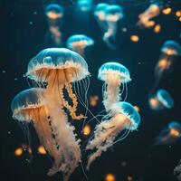 realistisch foto van loeien kwal drijvend onderwater, ai generatief