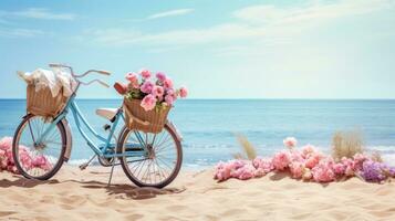 fiets met een mand zit Aan top van zand in de buurt de oceaan foto