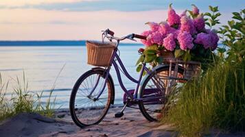 fiets met een mand zit Aan top van zand in de buurt de oceaan foto