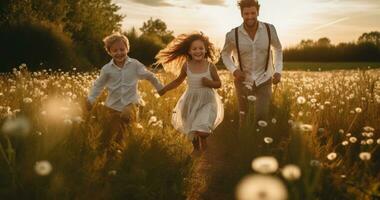 gelukkig familie in rennen in zomer veld- foto