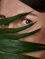 detailopname schoonheid portret van aantrekkelijk vrouw met expressief ogen op zoek Bij camera en aan het bedekken voor de helft van haar gezicht met palm blad. gezond levensstijl, welzijn spa , welzijn, huid, lichaam zorg concept foto