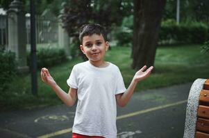 knap elementair leeftijd jongen glimlachen op zoek Bij camera, wandelen in de stad park Aan een zomer dag foto