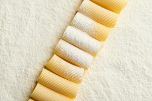 top visie van netjes geregeld geheel tarwe Italiaans pasta in een rij Aan een bebloemd oppervlakte met kopiëren ruimte voor advertentie foto