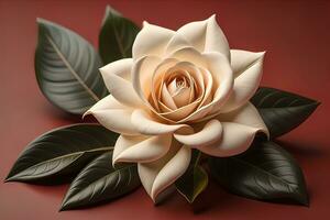 wit roos met groen bladeren Aan een solide kleur achtergrond, top visie. ai generatief foto