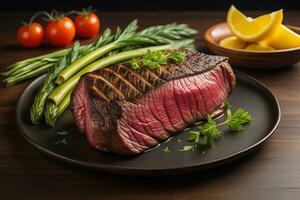 rauw rundvlees entrecote steak met ingrediënten voor Koken Aan houten achtergrond. ai generatief foto