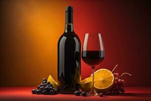 fles en glas van rood wijn met druif en oranje Aan rood achtergrond. generatief ai foto