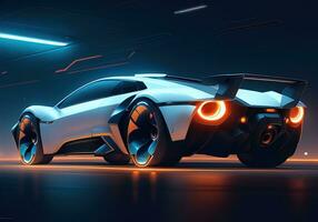 futuristische zwart sport- auto in neon licht. ai generatief foto