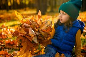 nadenkend mooi baby meisje in helder kleurrijk kleren poseren met geel boeket van droog esdoorn- bladeren zittend tussen gedaald bladeren tegen herfst- natuur achtergrond met kopiëren ruimte voor advertentie foto