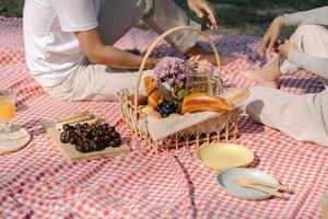 picknick lunch maaltijd buitenshuis park met voedsel picknick mand. genieten van picknick tijd in park natuur buitenshuis foto