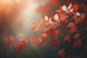 herfst bladeren achtergrond. mooi natuur tafereel met rood bladeren in zonlicht. generatief ai foto