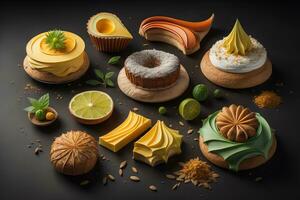 cupcakes met verschillend smaken Aan een donker achtergrond. afgezwakt. generatief ai foto