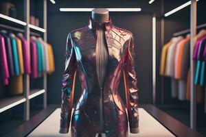 mode mannequin gekleed in kleurrijk kleren in een op te slaan. generatief ai foto