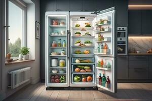 Open koelkast met vers groenten en fruit in de keuken. generatief ai foto
