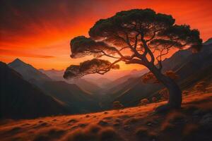 pijnboom boom in de bergen Bij zonsondergang. generatief ai foto