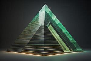 piramide van goud en groen glas Aan een donker achtergrond. generatief ai foto