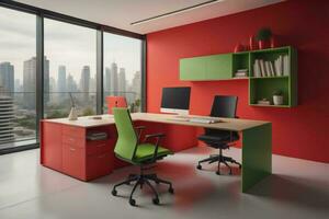 rood en groen kantoor interieur met stad visie. generatief ai foto