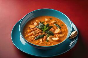 smakelijk soep met Zalm en groenten in blauw kom Aan rood achtergrond. generatief ai foto