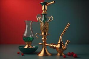 wijnoogst hookah met twee bril en een kom van frambozen. generatief ai foto