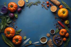 gezond voedsel achtergrond met groenten, fruit en specerijen Aan blauw achtergrond. generatief ai foto