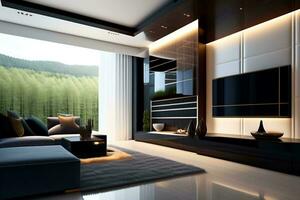 een modern leven kamer met zwart en wit meubilair foto