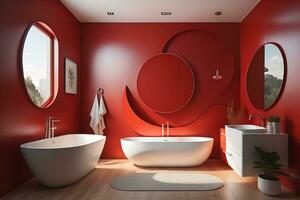 rood badkamer interieur met rood muren, houten vloer, wit bad en ronde spiegel. generatief ai foto