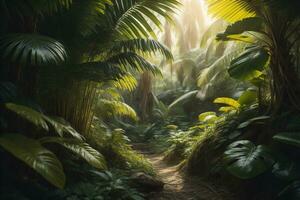 tropisch regenwoud met zonlicht en mist. natuur achtergrond. generatief ai foto