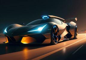 futuristische zwart sport- auto in neon licht. ai generatief foto