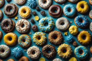 verscheidenheid van donuts Aan een solide kleur achtergrond. top visie. ai generatief foto