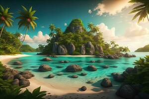 tropisch strand met palm bomen en wit zand. ai generatief foto