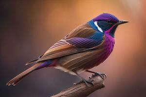 mooi blauw vogel Aan een Afdeling in de stralen van de instelling zon. ai generatief foto