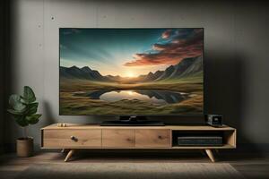 TV Aan de houten kabinet in modern leven kamer. ai generatief foto