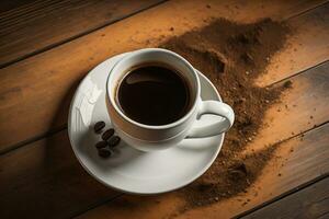 koffie kop en koffie bonen Aan een houten tafel, top visie. ai generatief foto